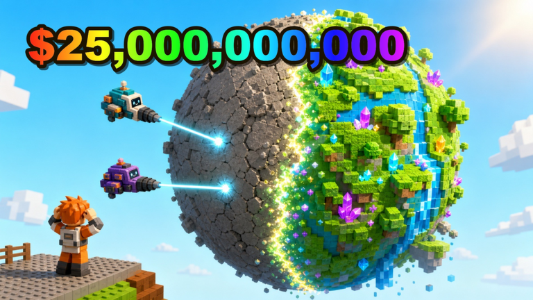 Mine a Planet Roblox game cover art with laser drones mining a voxel planet